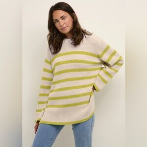 Kaffe KACILLA - Jumper - Cable Knot Oversized sand dollar green stripe/sand xl
